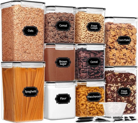 Contenitori alimentari grandi con coperchi, contenitori per cereali, set di archiviazione - BPA libero, organizzatore della dispensa e spazio di archiviazione per farina, zucchero e riso, con misurino, etichette