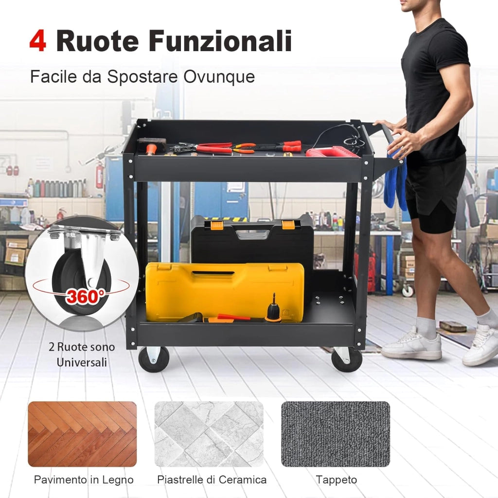 Carrello Multiuso a 2 Livelli, Carrello Multiuso con Maniglia e Melaio in Metallo, Capacità di carico di 50 kg (Nero)