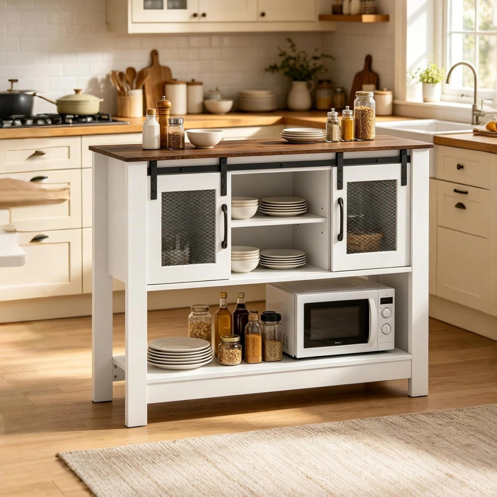 Credenza Cucina Buffet, Mobiletto Dispensa Cucina con 2 Armadietti, Contenitore Aperto, Ripiano, Rustico, Salvaspazio, Legno, per Soggiorno, Sala da Pranzo, Corridoio, 102 X 32 X 82 CM, Bianco