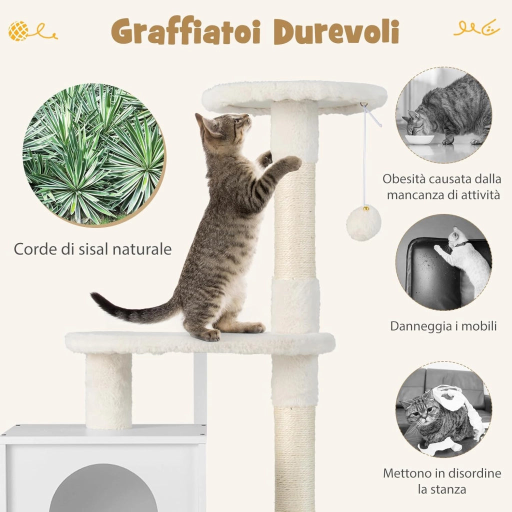 Tiragraffi per Gatti Adulti, Tiragraffi per Gatti con Cuccia, Piattaforma, Cuscini e Tiragraffi, Albero Tiragraffi per Gatti Grandi Alto in Legno, 77,5 x 49 x 132 cm