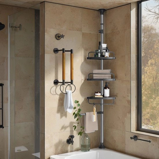 Pannello doccia - Altezza regolabile - organizzatore angolare per la cabina doccia - Resistente alla ruggine - 95-300 cm x 7 cm - argento nero