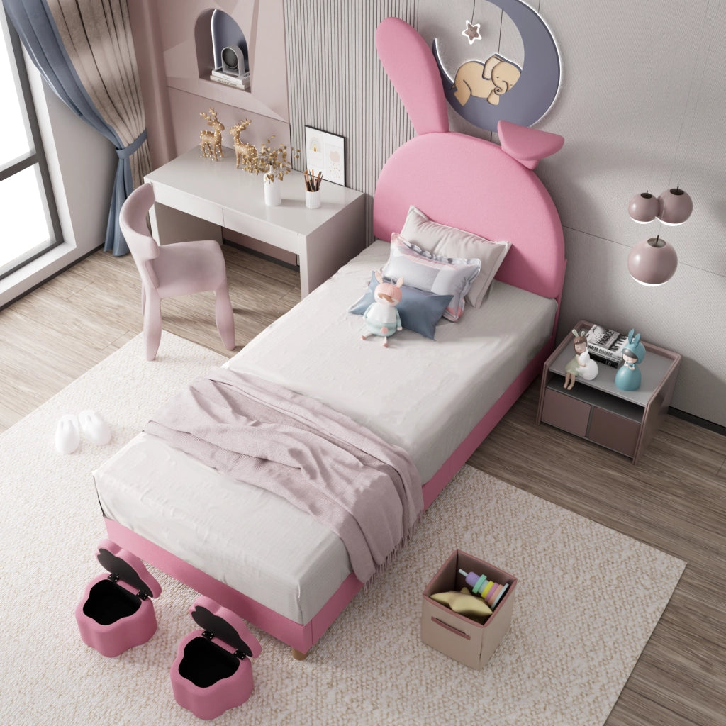 Letto Singolo 90x200 cm; con 2 bauli; LED e orecchie pieghevoli - in velluto rosa