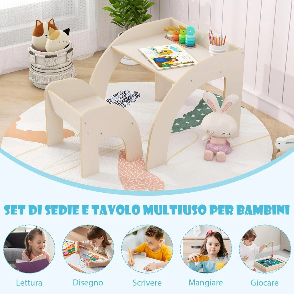 Set Tavolo e Sedie per Bambini 3+ Anni, Tavolino Legno con Sedie per Cameretta con Bordo Curvato e Ampio Piano, Mobile Salvaspazio per Camera da Letto, Soggiorno e Asilo (Bianco)