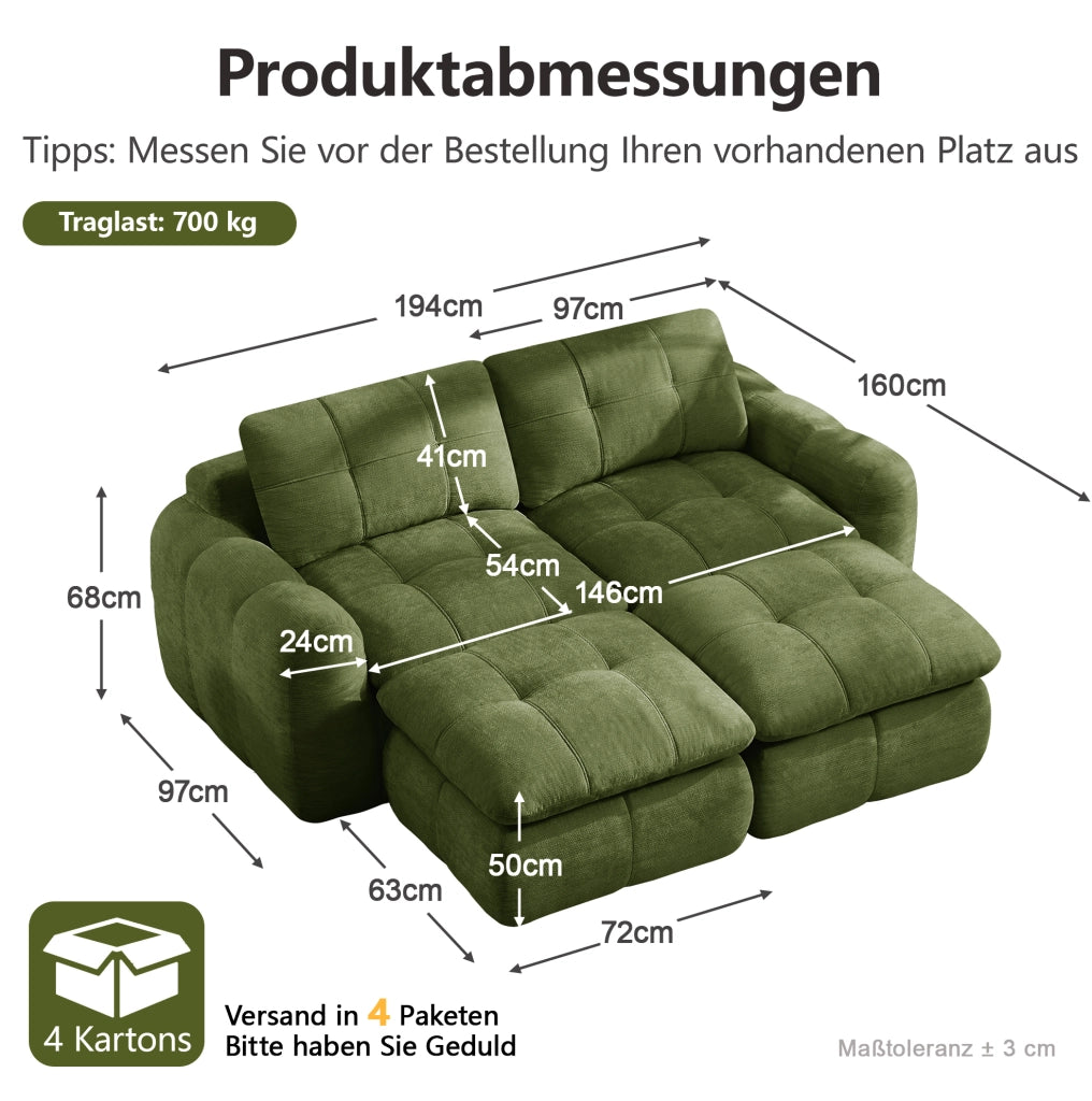 Divano modulare senza telaio in chenille verde 194x160x68 cm con seduta ampia e profonda