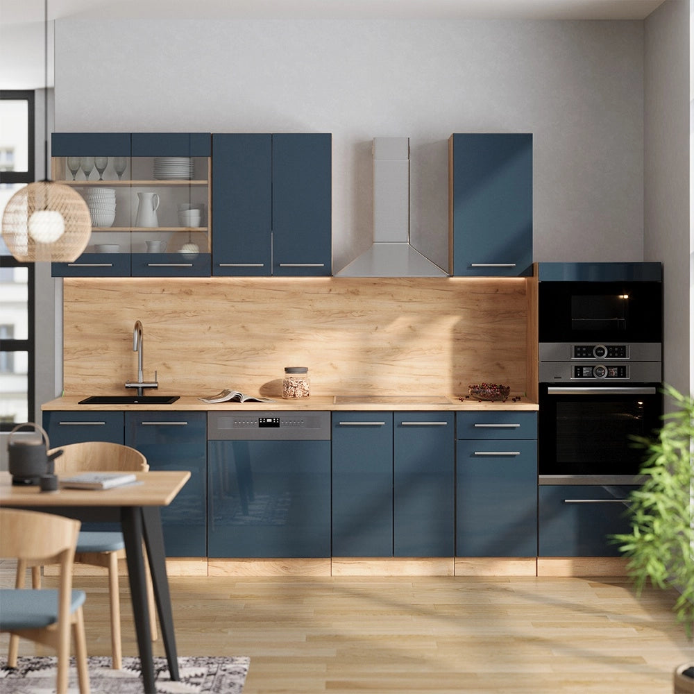 Cucina componibile Fame-Line Blu scuro lucido/Rovere dorato 300 cm con armadio alto, PL Antracite Vicco