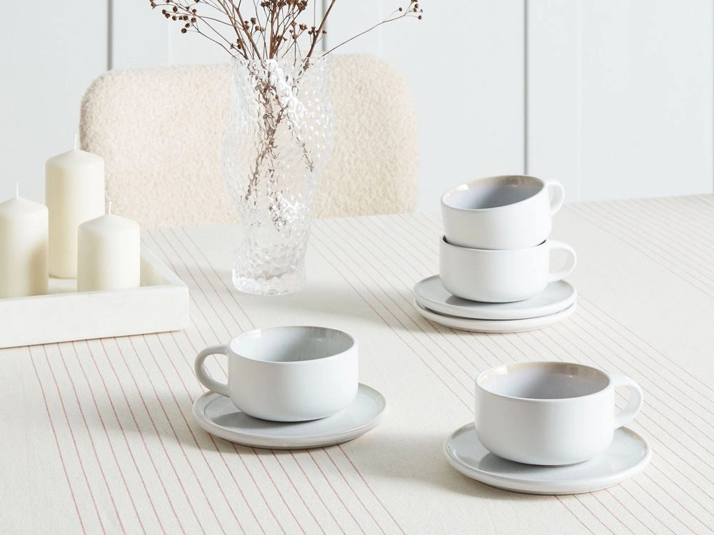 Set di 8 tazze con piattini per tè e caffè Gres caolino fatto a mano con smalto reattivo Bianco