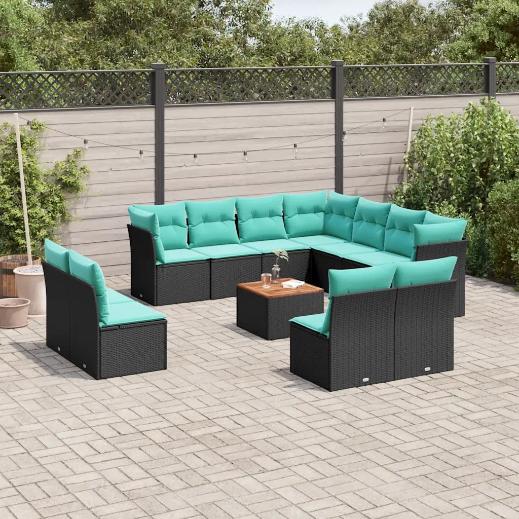 Set Divani da Giardino 12pz con Cuscini Nero in Polyrattan