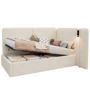 Letto Contenitore 90x200 cm; Letto Singolo - Lampada da Lettura; USB e Type-C - Bouclé Beige