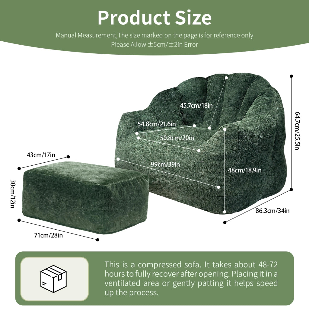 Fauteuil con pouf in ciniglia con schienale a petali e imbottitura ad alta resilienza verde scuro per relax