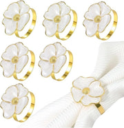 Set di anelli per tovaglia, 6 pezzi, anello per tovaglia con fiore, reggitovaglia con fiore, decorazione per tavola per Thanksgiving, Natale, matrimonio, anelli per tovaglia, dorato, bianco