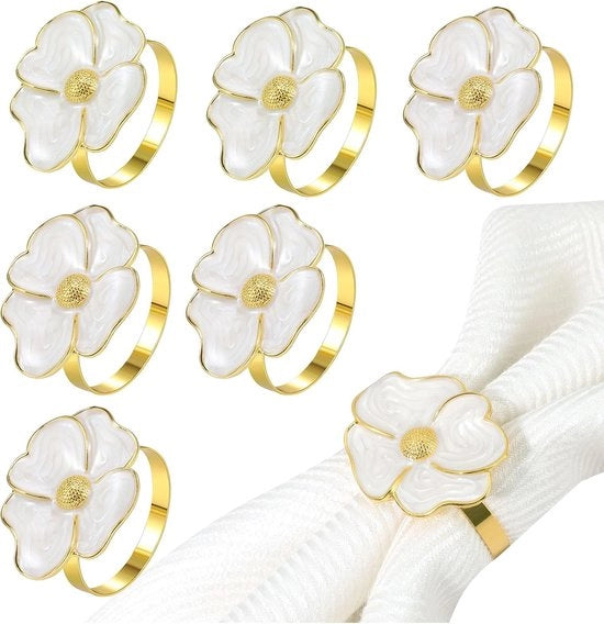 Set di anelli per tovaglia, 6 pezzi, anello per tovaglia con fiore, reggitovaglia con fiore, decorazione per tavola per Thanksgiving, Natale, matrimonio, anelli per tovaglia, dorato, bianco