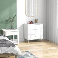 Comò 3 Cassetti Design Scandinavo Mobile Da Ripostiglio MDF Bianco Maniglia Piedini Effilato Legno Massello Di Pino