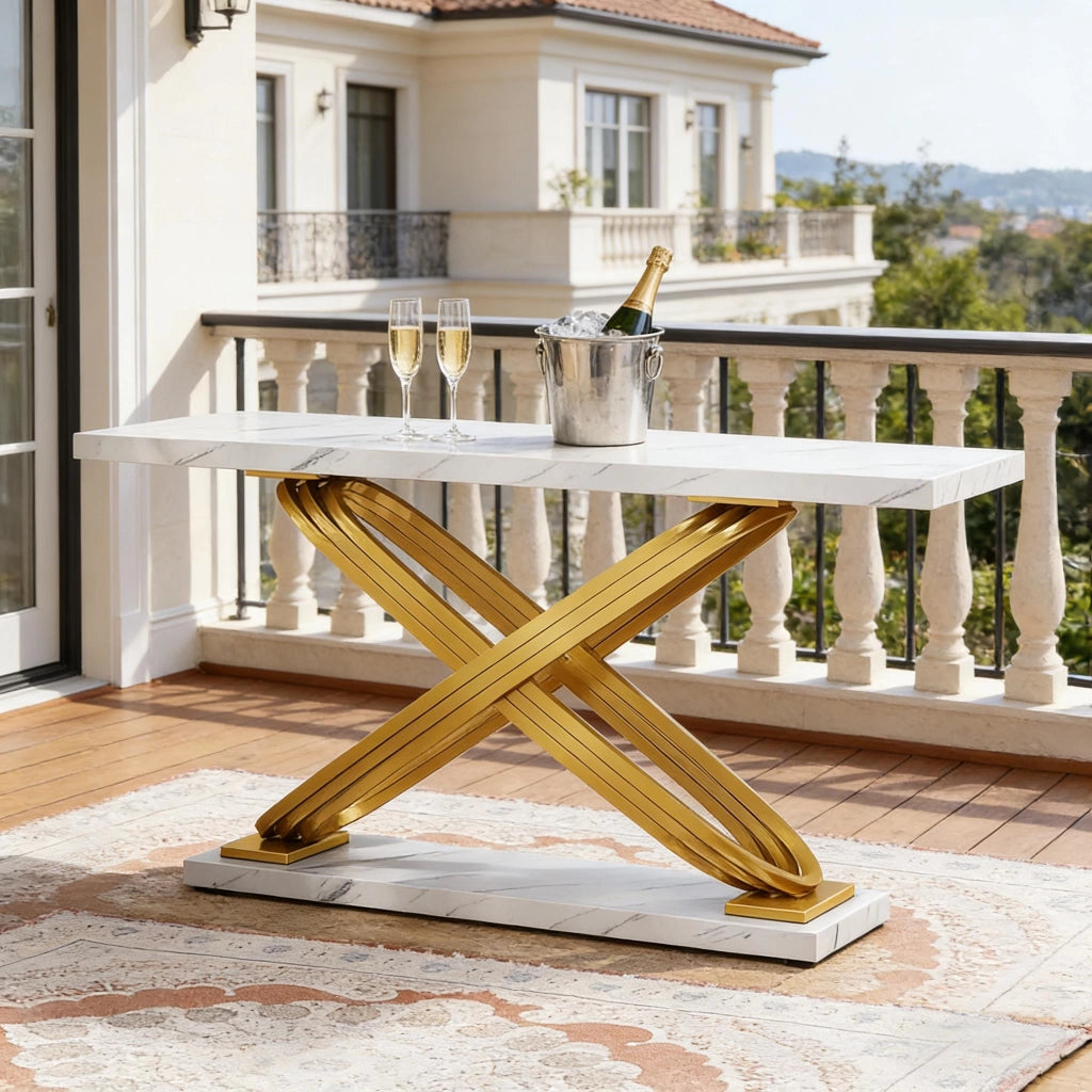 Consolle da ingresso con piano in marmo artificiale bianco e struttura in metallo dorato, per soggiorno, 136 kg