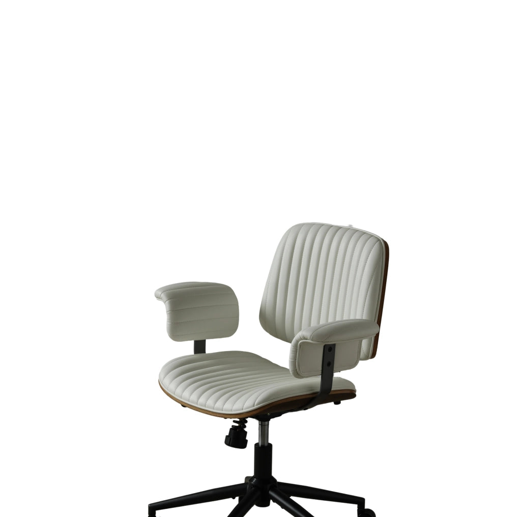 Sedia da ufficio girevole in pelle PU beige con braccioli imbottiti e rotelle