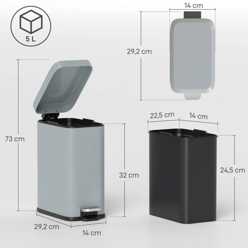 Pattumiera in metallo 5 L con secchio interno removibile e pedale, grigio