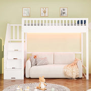 Letto a Castello in Legno di Pino 90x200 cm con Scaletta di Sicurezza e LED, Bianco