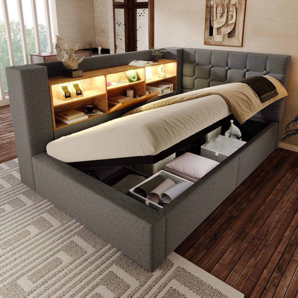 LETTO 90x200 cm con LED, testiera a L, lino grigio, 2 pacchi