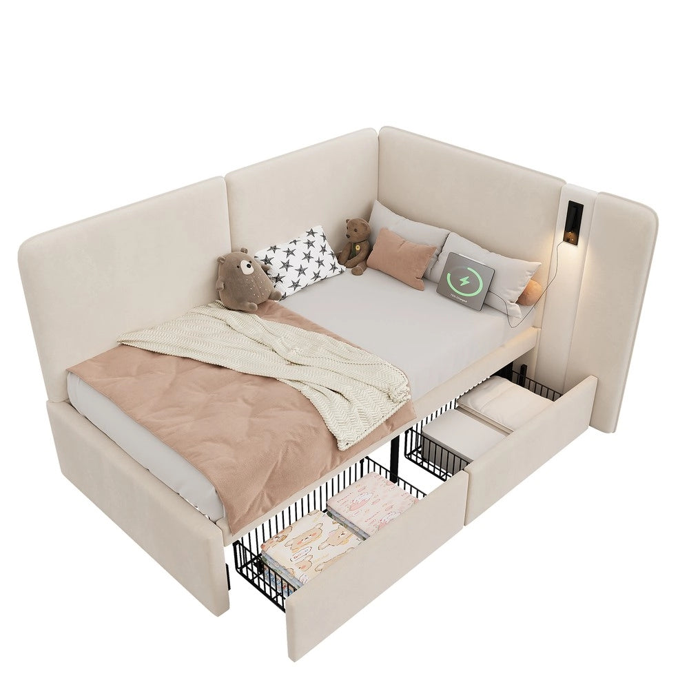 Letto Imbottito con Cassetti ¨C Xylo ¨C Velluto Beige 90x200 cm