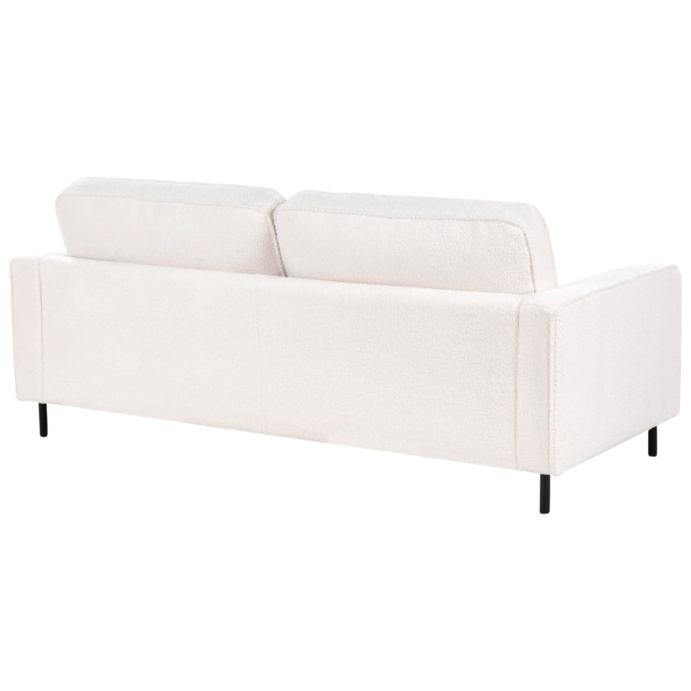 Divano in tessuto boucle bianco 3 posti con cuscini e gambe in metallo stile minimalista moderno