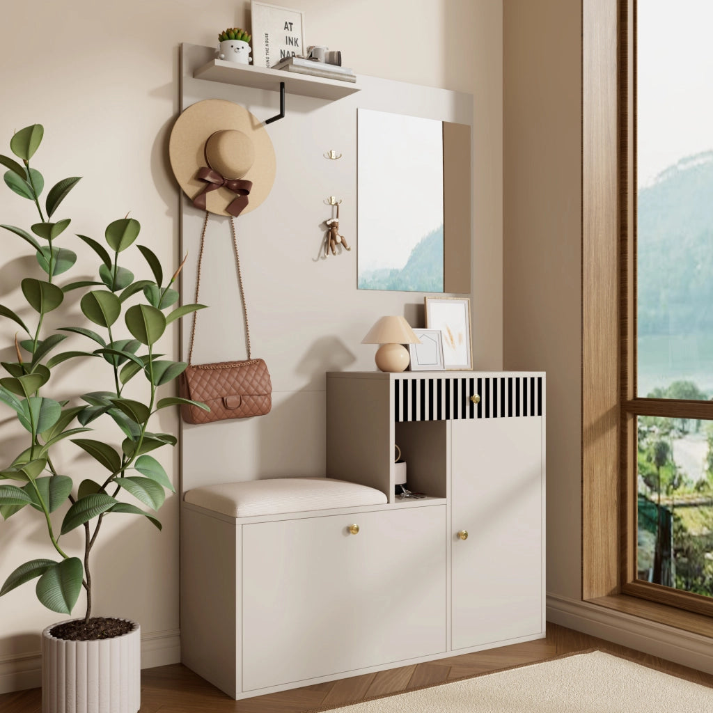 Mobile Ingresso con Specchio; 2 Ante; 1 Cassetto e Ripiani Regolabili; Seduta Imbottita; in MDF; 110??37??185;5 cm; Beige