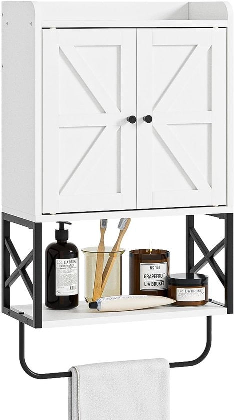 Cassettone per bagno con pannelli regolabili - Armadio da parete - Spazievitore - Progetto di design retro-X - 68,5 x 39 x 23 cm - Maniglie in metallo nero - Cassettone da parete