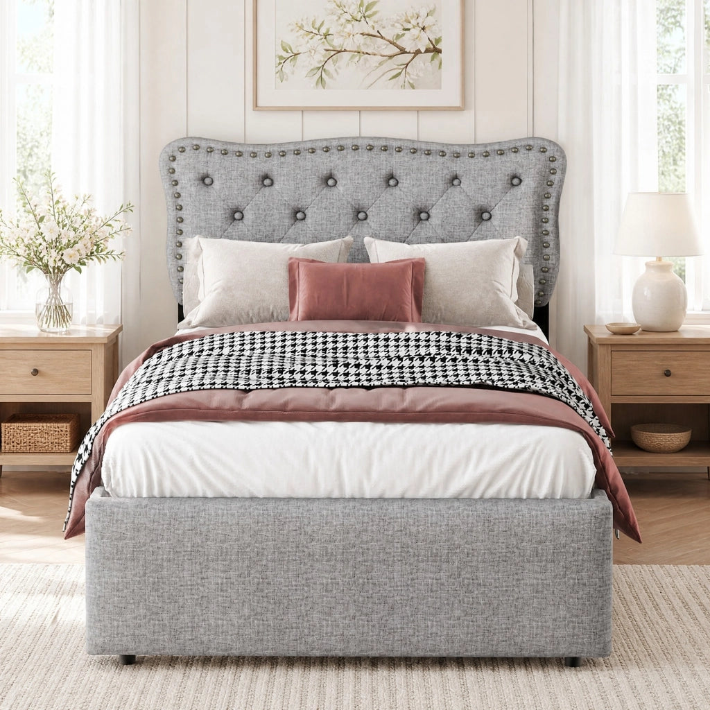 Letto singolo imbottito ULEVR 90x200 cm con 2 cassetti, testiera regolabile e borchie decorative, grigio