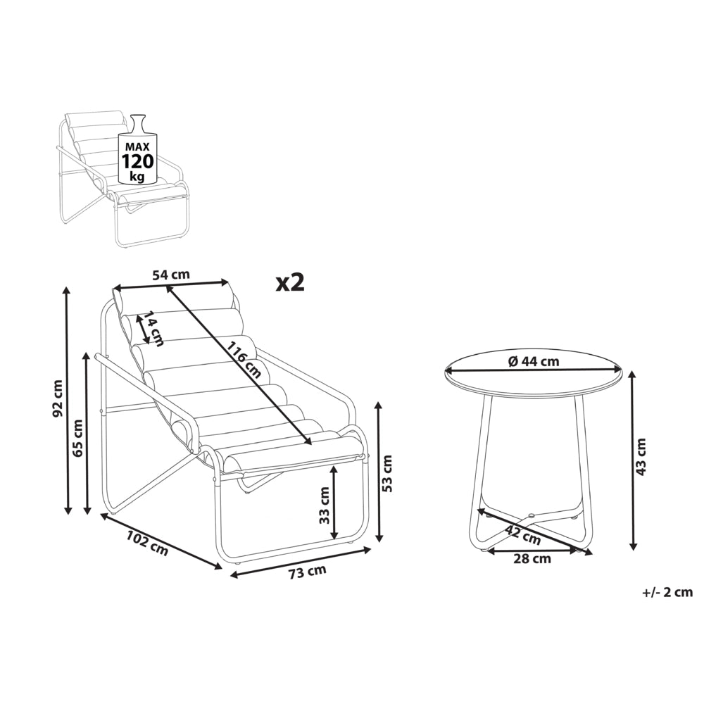 Set da salotto da esterno con struttura in acciaio verde e sedute in tessuto 2 poltrone e tavolo