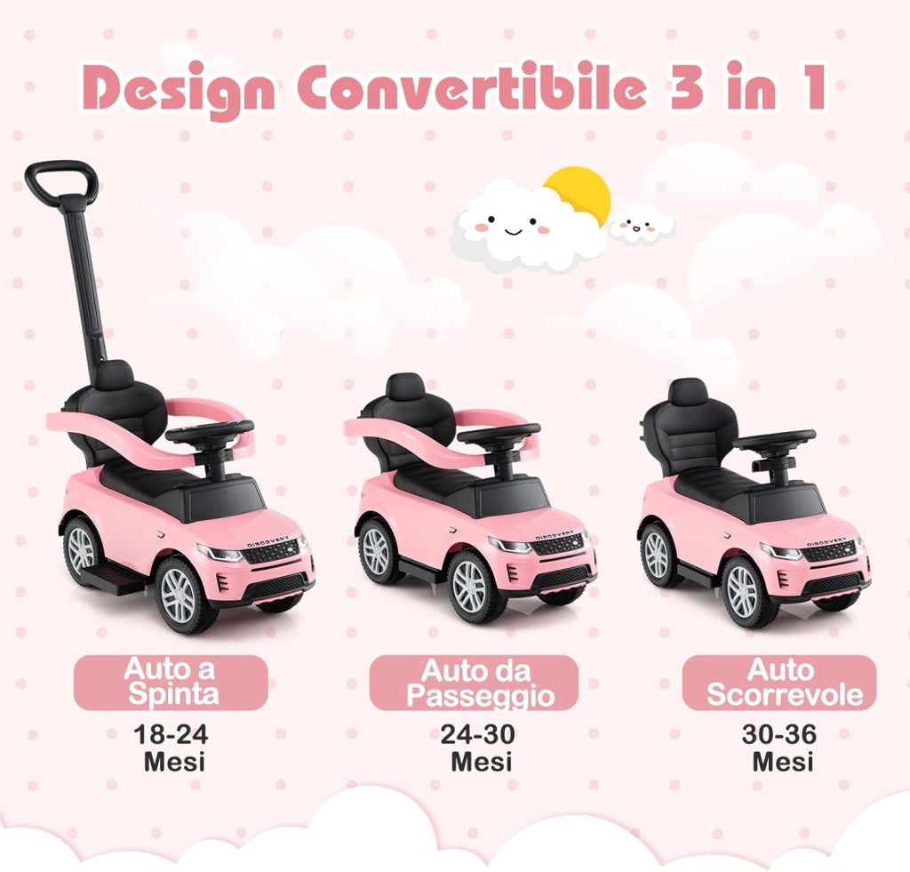3 in 1 Auto a Spinta, Macchinina a Pedale con Manico Removibile e Paracolpi, Clacson e Suodo di Avvio, Macchina Cavalcabile per Bambini 18-36 Mesi (Rosa)