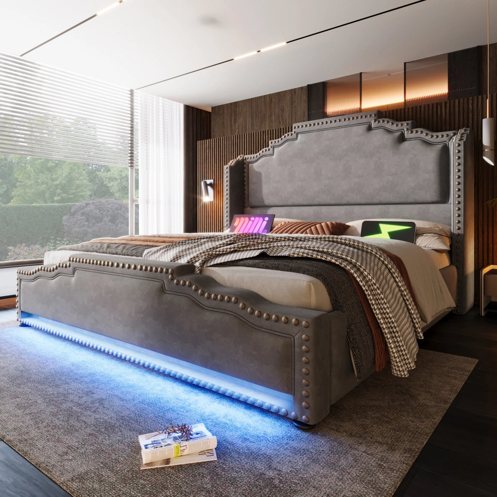 LETTO Contenitore 140x200 cm in velluto grigio con LED e USB/Type-C