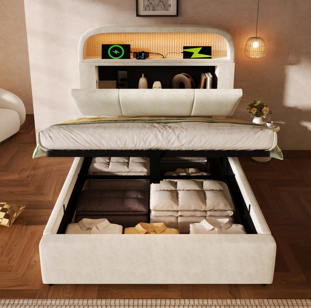 Letto singolo imbottito 90x200 cm con testiera regolabile; contenitore; LED e ricarica USB Type-C; beige