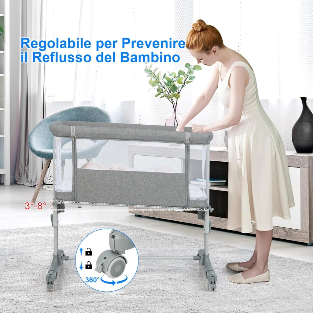 3 in 1 Culla Neonato Fianco Letto, Lettino Neonato Dondolo con Materasso, Culla Co-Sleeping Fino a 9 kg, Altezza Regolabili, 84 x 59,5 x 80,5cm (Grigio)