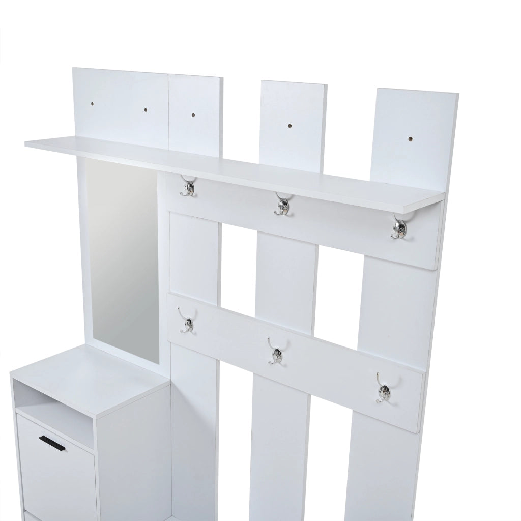 Garderoba ingresso con scarpiera ribaltabile, specchio, ganci e armadietto a doppia anta, bianco, 120 x 30 x 180 cm