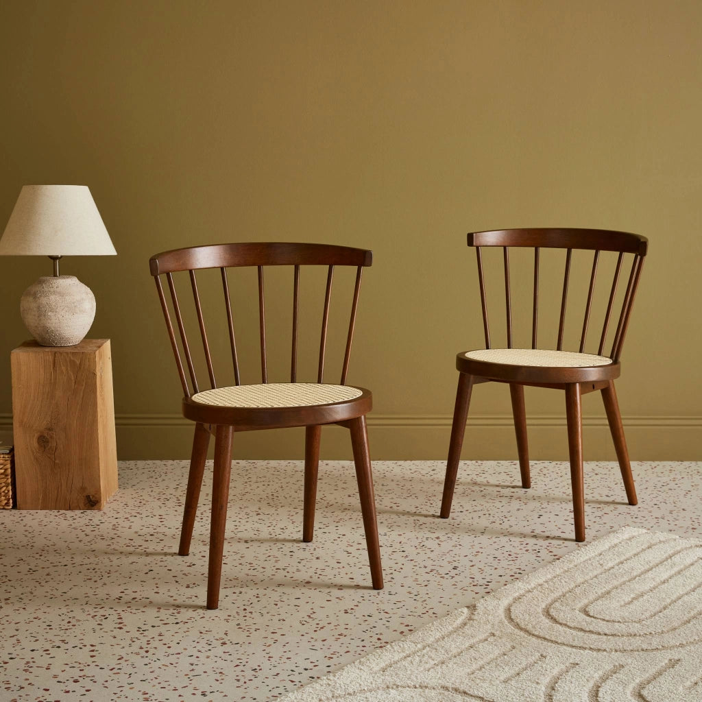 Set di 2 sedie in legno e rattan intrecciato, stile vimini, marrone