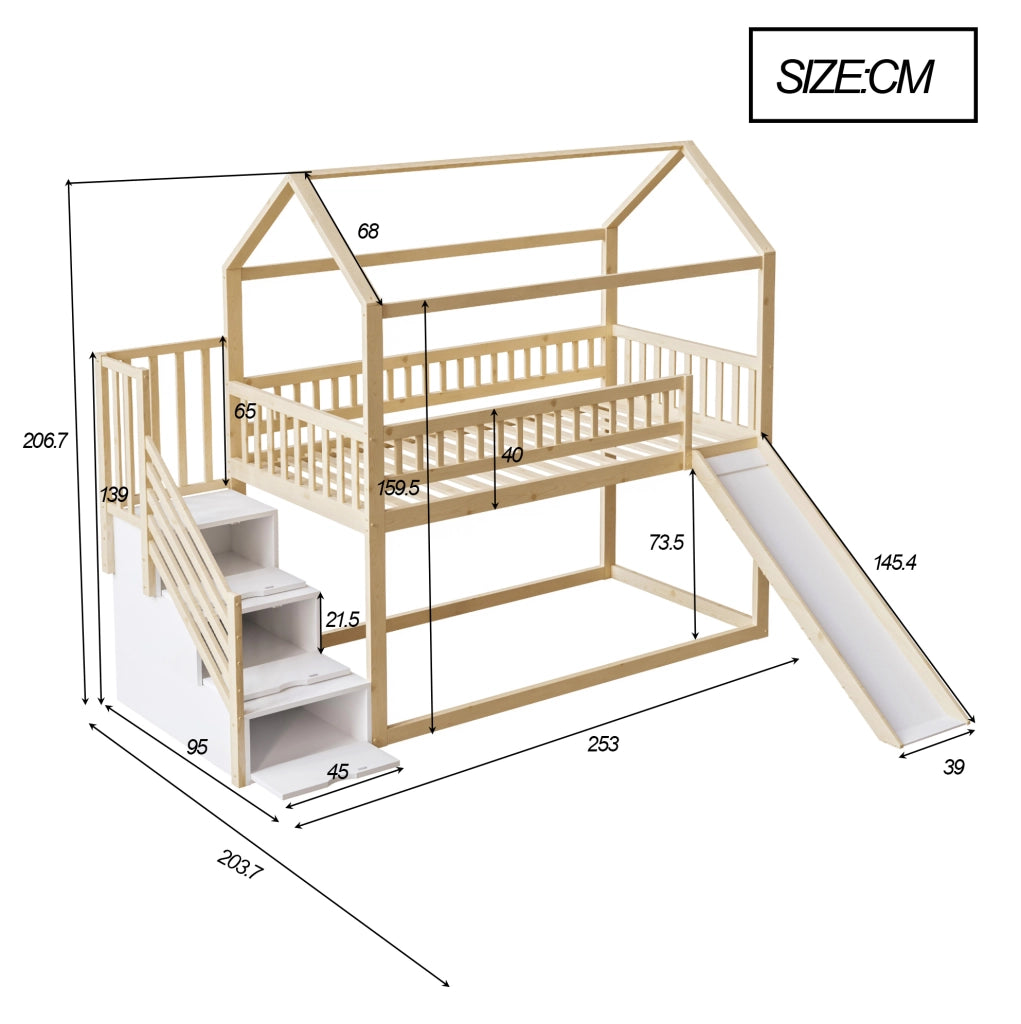 Letto a soppalco 90x200 cm con scivolo e scala contenitore in legno colore naturale