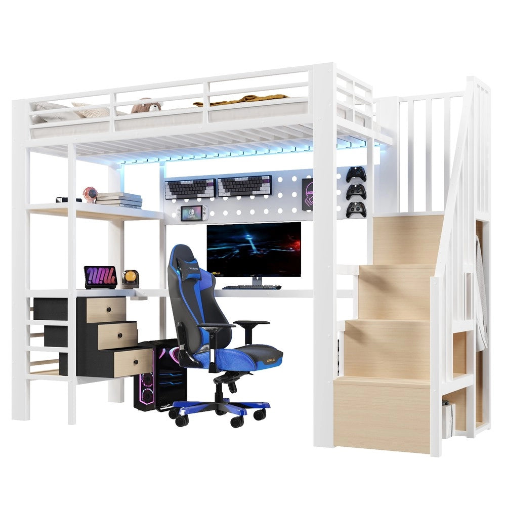 Letto a Soppalco con Scrivania, LED, Cassetto e Presa ¨C Xylo ¨C 90x200, Bianco, Metallo