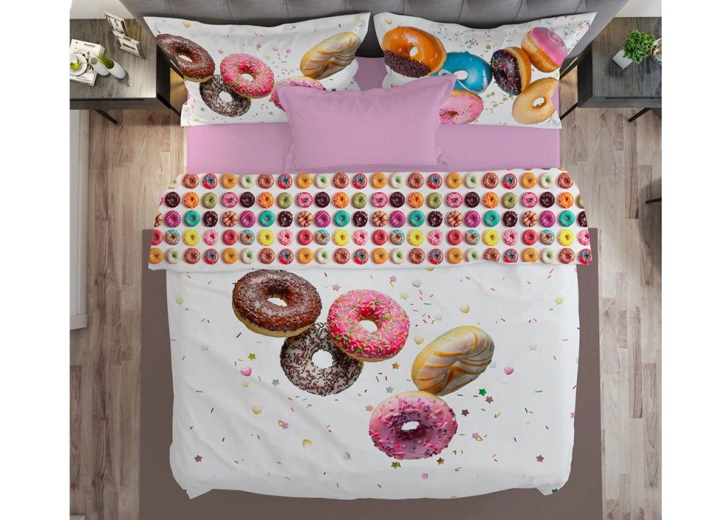 Parure Lenzuola Copriletto Stampa Digitale Cotone Made In Italy Dis. Donuts