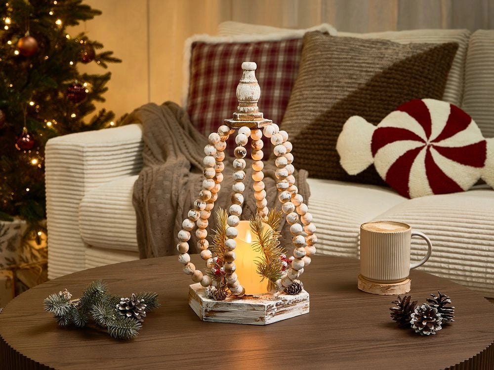 Decorazione natalizia LED Lanterna artigianale in legno di abete marrone chiaro Candela tradizionale