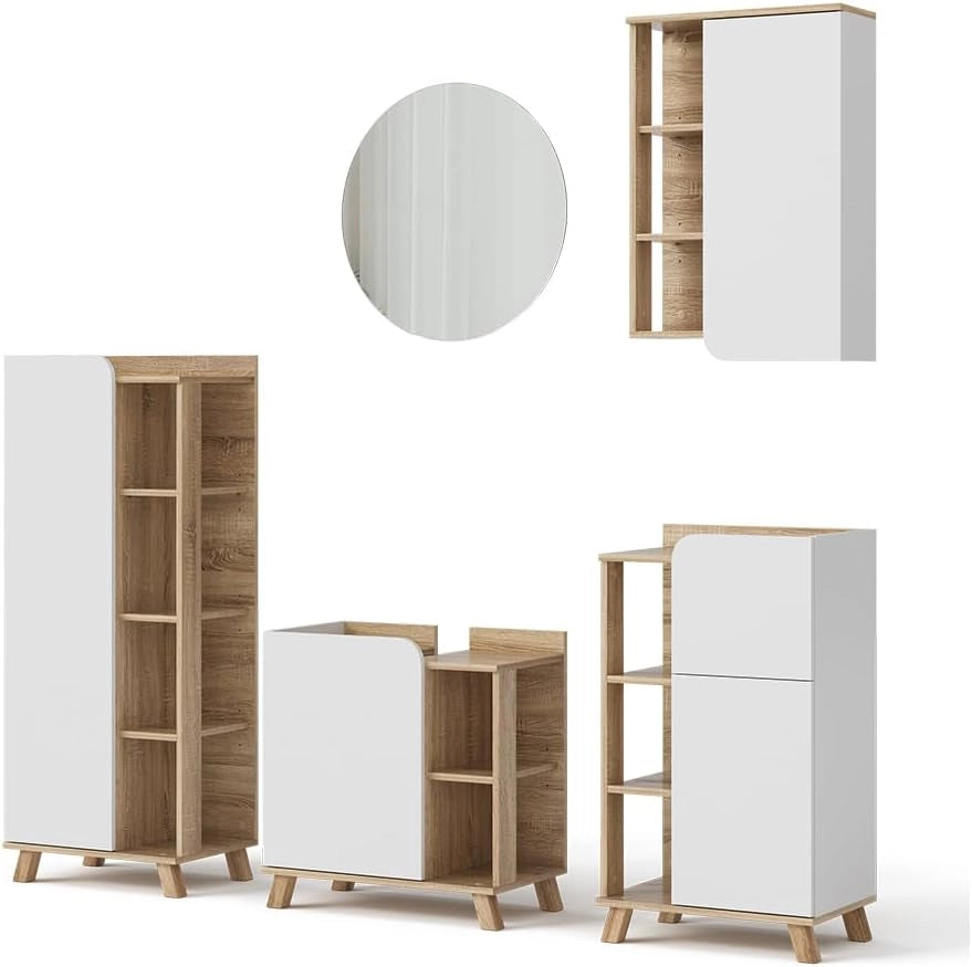 Set di mobili da bagno Karen, Sonoma/Bianco, 60 cm, composto da mobile lavabo, specchiera, armadietto, colonna e pensile