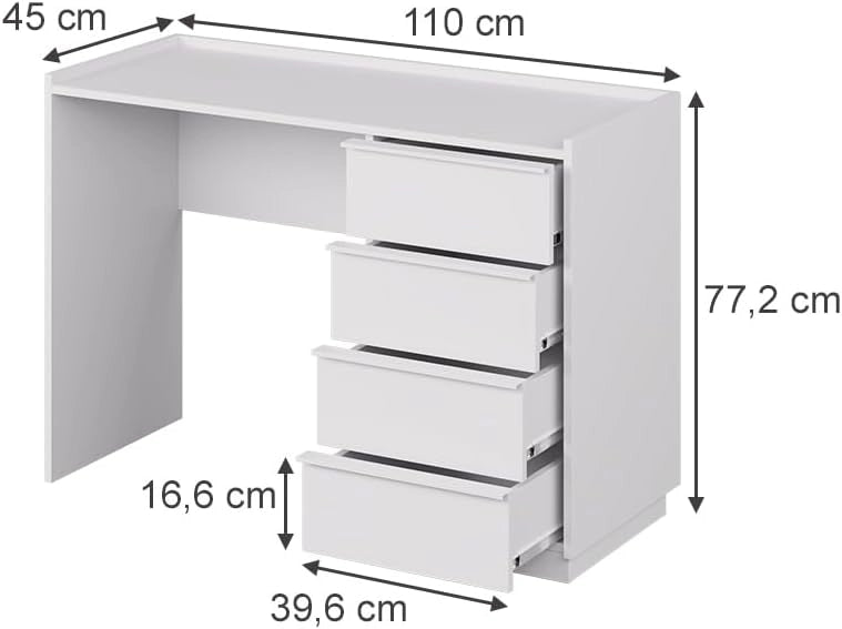 Scrivania Viktoria, Bianco, 110 x 45 cm con 4 cassetti, adatto come postazione di lavoro per smart working e studio
