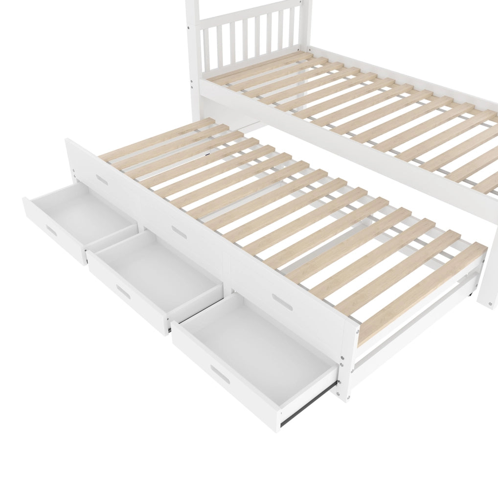 Letto a castello 90x200 cm con letto estraibile e 3 cassetti in pino e MDF bianco