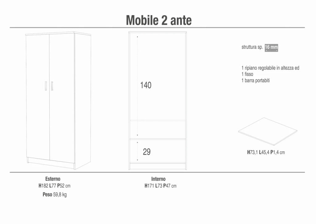 Armadio Due Ante 77x52 h182cm Bianco Liscio