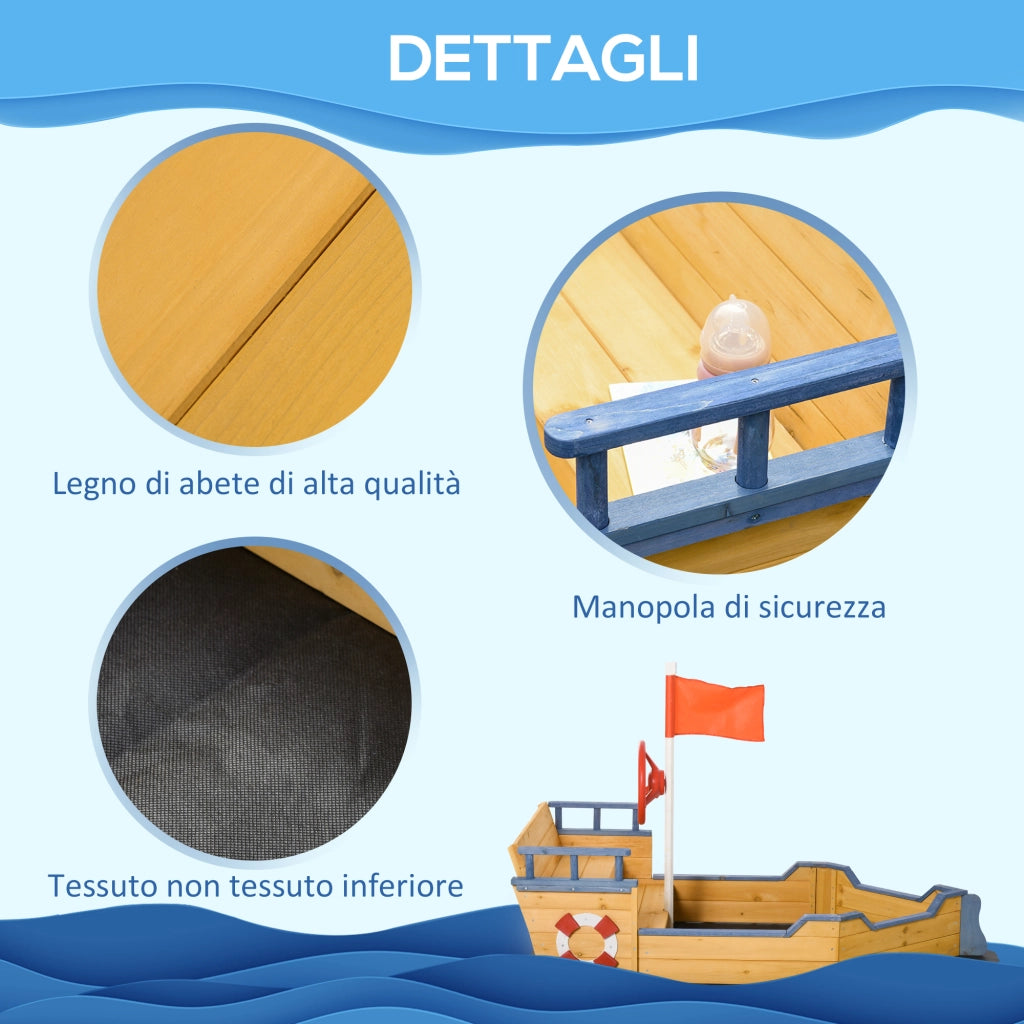 Sabbiera per Bambini in Legno a Forma di Nave dei Pirati con Vano Contenitore, 158x78x45.5 cm