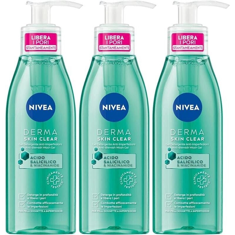 NIVEA DERMA SKIN CLEAR SET 3 PZ GEL VISO ANTI-IMPERFEZIONI 150 ML L'UNA PELLE GRASSA E MISTA SCHIUMOGENO VISO PURIFICANTE