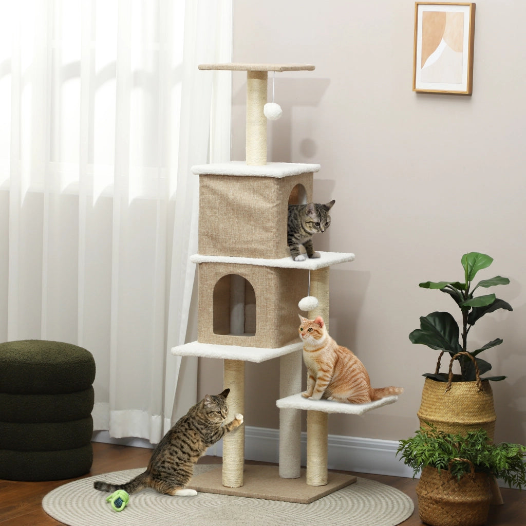 Albero tiragraffi per gatti con piattaforme, tane e palline ¨C zephmum ¨C marrone chiaro 140 cm