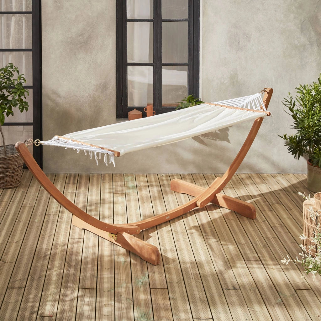 Amaca in legno con telo in cotone, bianco