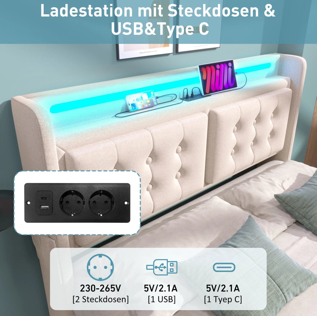 Letto matrimoniale 160x200 cm con LED; presa USB e materasso; beige in tessuto cotone-lino