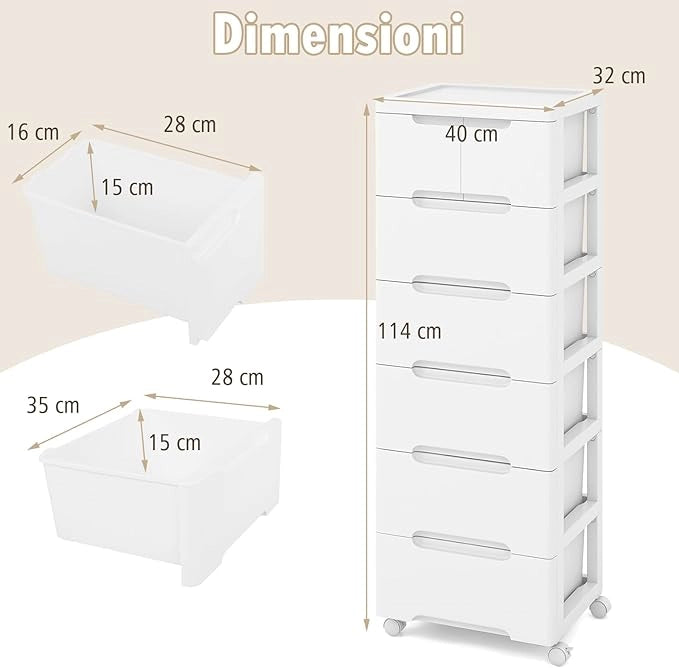 Cassettiera a 6 Cassetti, Comò Camera da Letto con Ruote Universali Bloccabili, Mobile Salvaspazio Moderno per Ufficio, Scrivania, Bagno e Cameretta, 40 x 32 x 114 cm