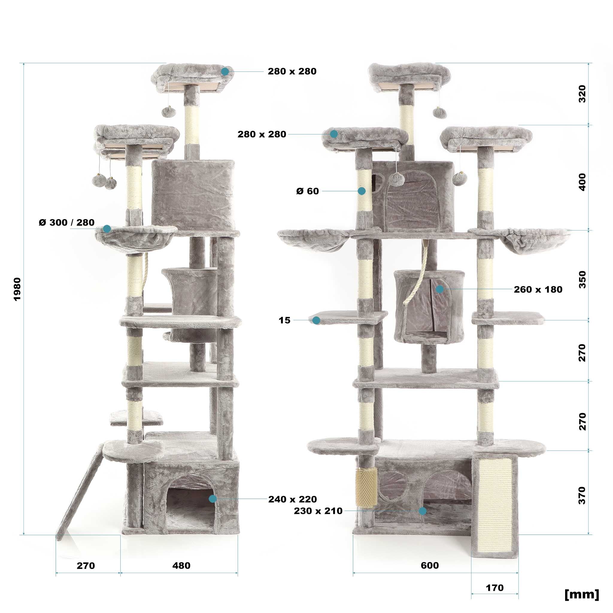 Fudajo Albero tiragraffi 198cm per gatti, grigio con sisal cuccette e amache