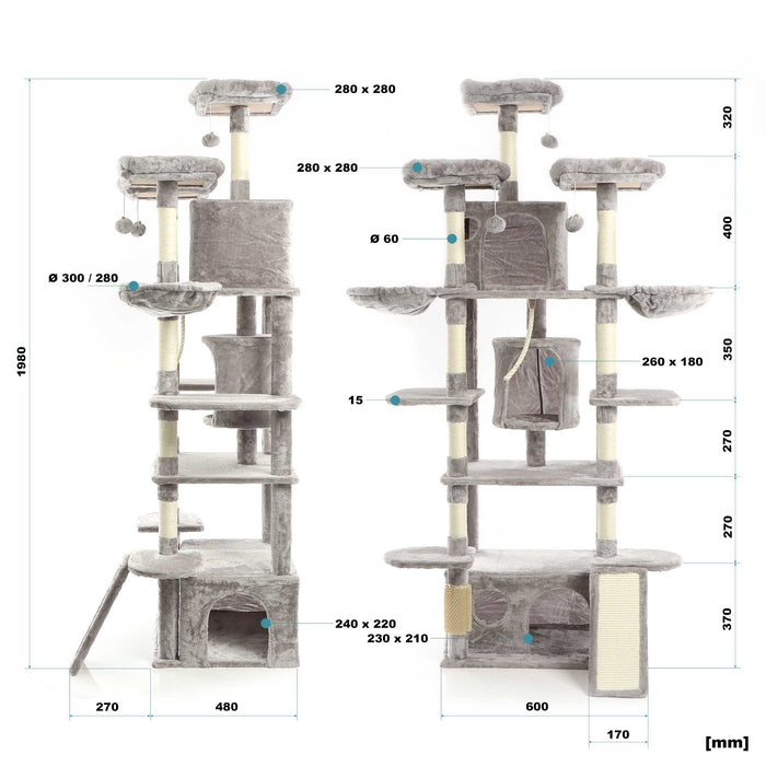 Fudajo Albero tiragraffi 198cm per gatti, grigio con sisal cuccette e amache