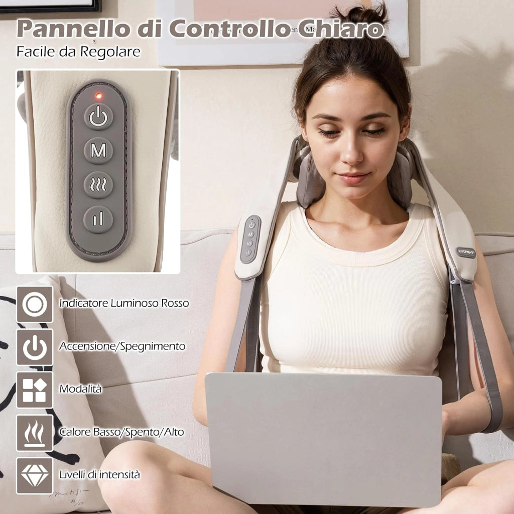 Massaggiatore Cervicale per Collo e Spalle Senza Fili con Riscaldamento, Impasto Profondo 4D dei Tessuti, 2 Modalità, 2 Livelli di Intensità e Batteria Integrata 2500 mAh (Beige)